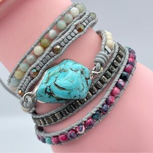 Artisan Handmade Multi-Layer Wrap Bracelet w/ Turquoise & Gemstone Beads